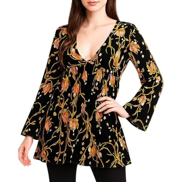 NWT Free People Tunic Top Bella Babydoll Floral Boho Whimsigoth Cottage Black XS - Picture 1 of 11